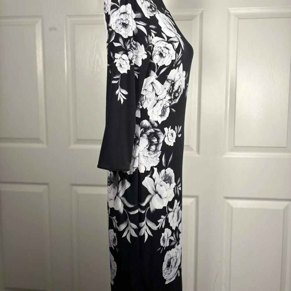 White House Black Market Asymmetrical Black Dress with White Floral Design - Picture 6 of 13